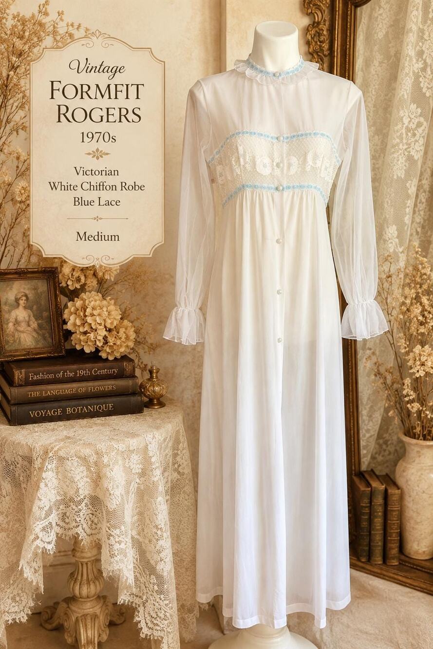 Vintage Formfit Rogers 1970s Victorian White Chiffon Robe Blue Lace Medium